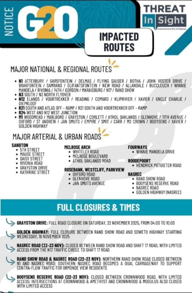 Gauteng's joint traffic operations for the G20 Leaders' Summit on 22 and 23 November 2025
