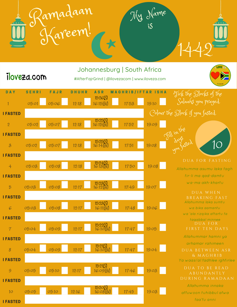 Ramadaan 1442 Calendar for South African Cities including a Special Calendar for Children
